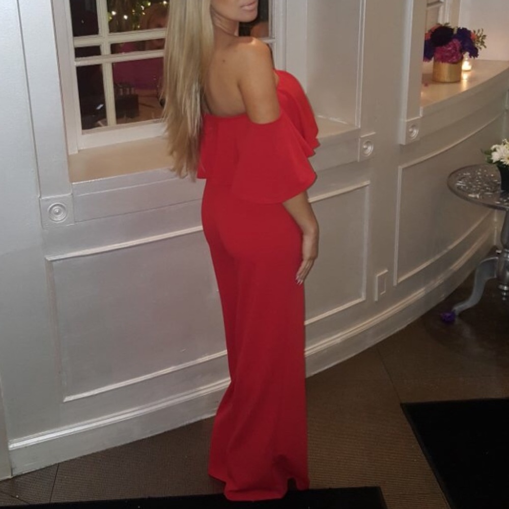 Red off shoulder jumpsuit